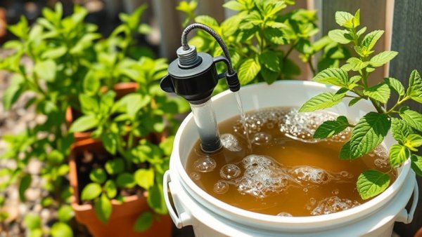 DIY compost tea brewer bubbling in a bucket near green plants.