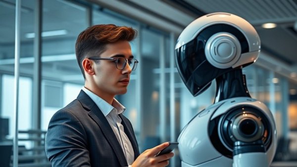 Human and robot in conversation, governed AI platforms context.