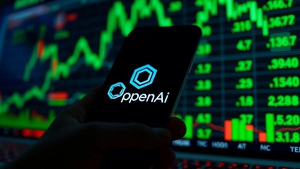 Smartphone with OpenAI logo over financial chart, symbolizing AI impact.