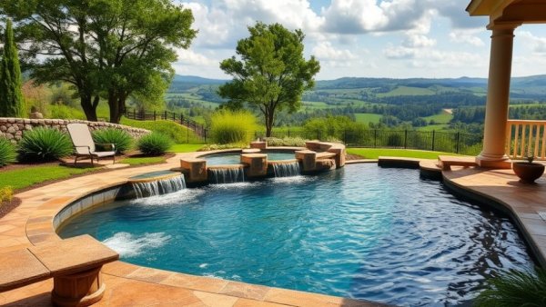 Luxurious poolside landscaping ideas with cascading waterfalls.
