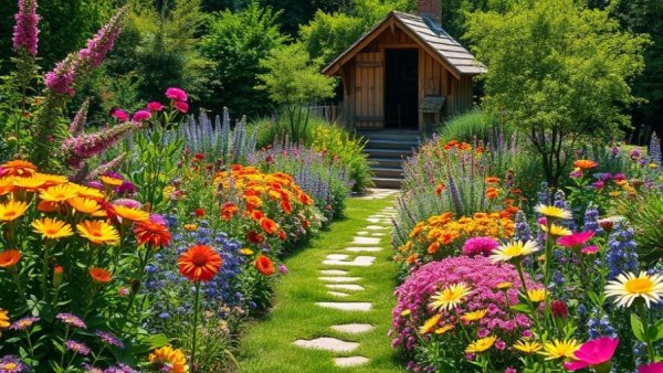 Vibrant August garden tasks scene with colorful flowers and shed.