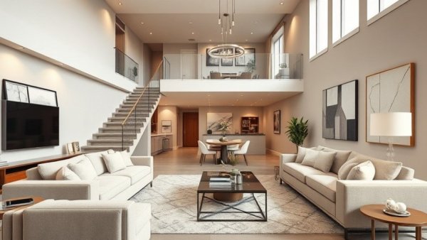 Modern living room with smart technology in a luxury home setting.