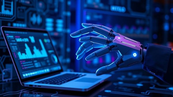 Human hand meets robotic hand through laptop on 247meta.ai multi-model platform, digital interface.