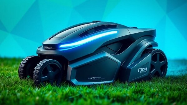 Futuristic robot lawn mower with blue light on geometric background