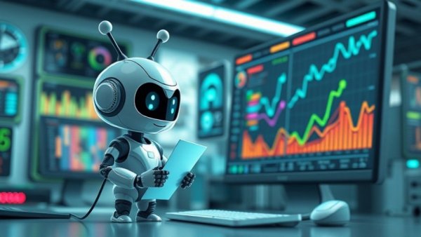 Cartoon robot analyzing data graph related to Google Home Speaker response times.