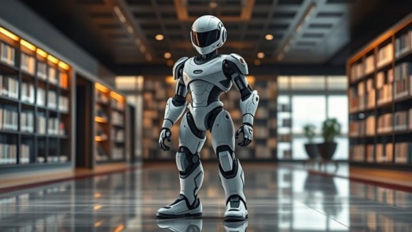 Futuristic robot in library setting, AI patch validation concept.