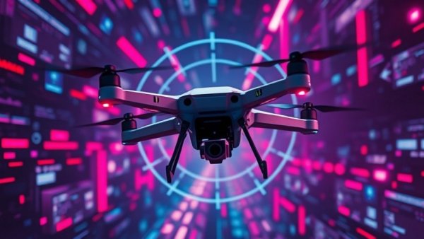 Futuristic drones targeted with digital overlay, laser weapons US Army.