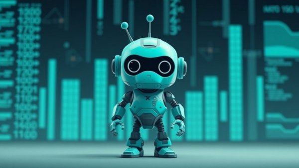 Futuristic robot with data bars for Windows 10 security update extension.