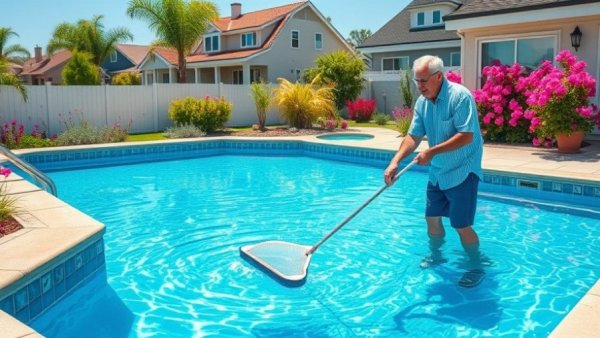Backyard pool cleaning scene with suburban homes.