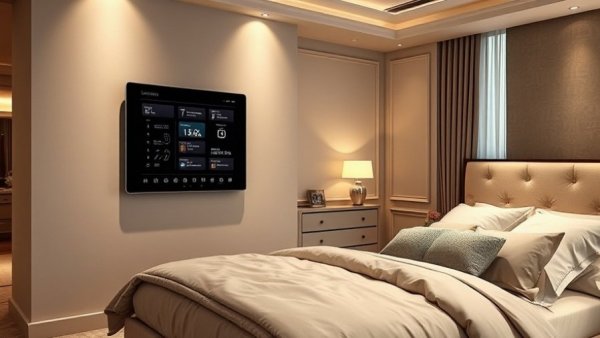 Luxurious bedroom with whole-home control panel, modern interior.