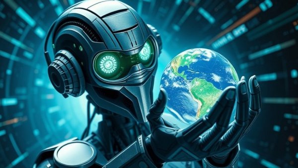 AI-powered robot holding Earth in a cosmic digital vortex