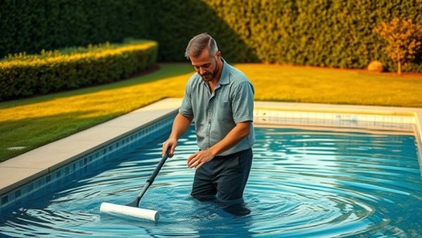 End-of-summer pool maintenance in a backyard setting.