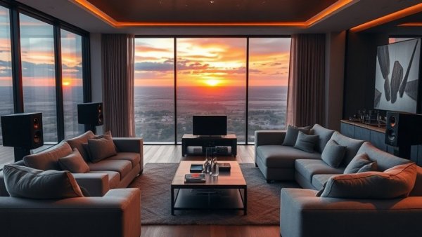 Luxury living room featuring Klipsch Reference Premiere speakers at sunset.