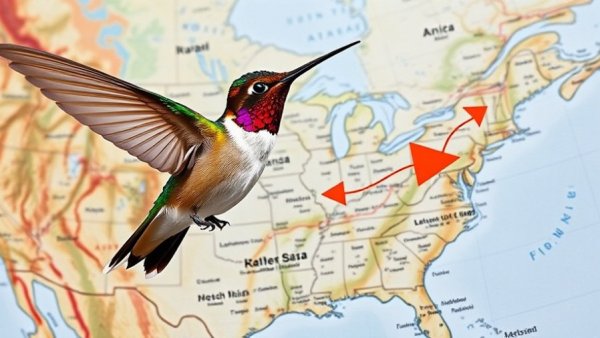 Fall Hummingbird Migration 2026 over North American map with arrow.