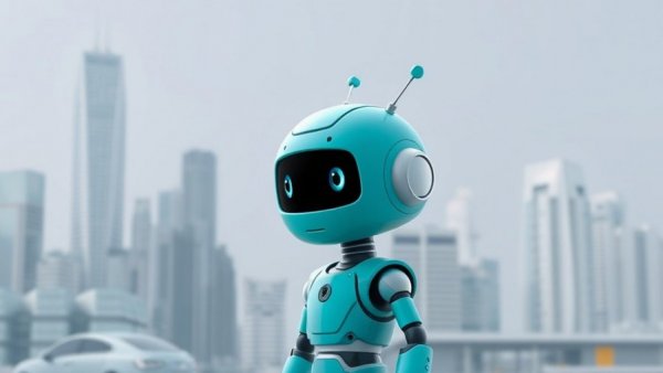 Turquoise robot beside digital cityscape, change your IP address concept