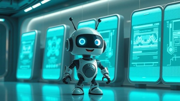 Futuristic robot and high-tech displays illustrating high-end technology.