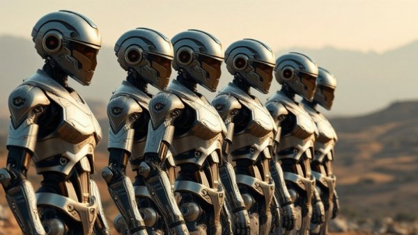 Futuristic robots in formation, representing AI infrastructure and data storage.