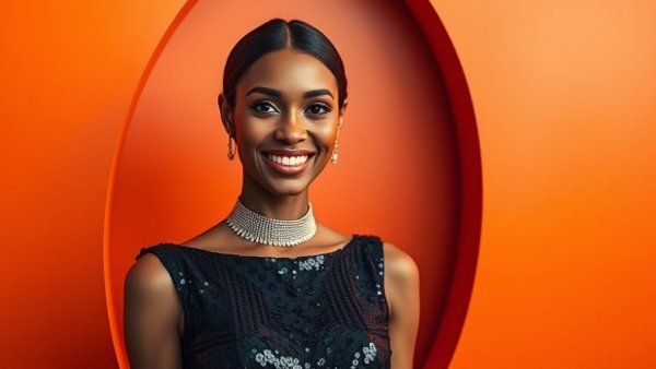 Elegant woman in black sequin gown smiling confidently