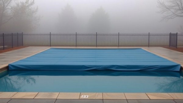 Pool closing season: covered pool in foggy autumn setting.