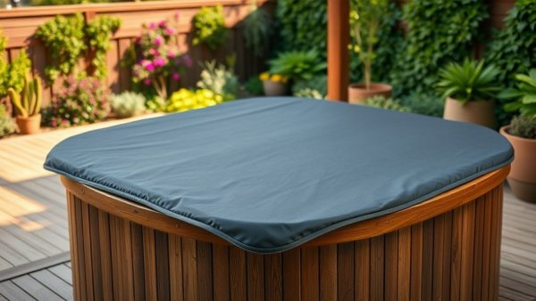 Lightweight hot tub covers on outdoor wooden tub