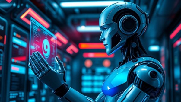 The Loneliness of the Algorithm: futuristic robot with holographic screens.
