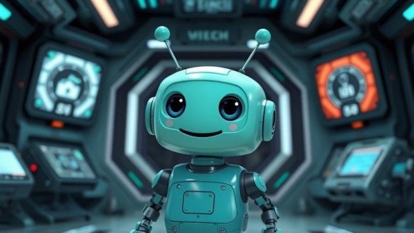 Cartoon teal robot in a futuristic tech environment.
