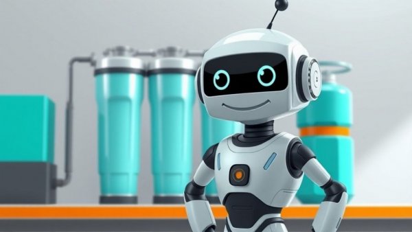 Cartoon robot with modern water filter, vibrant colors, clean design.
