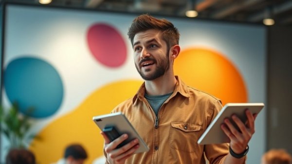 Passionate spokesman discusses tech with a tablet in a modern setting