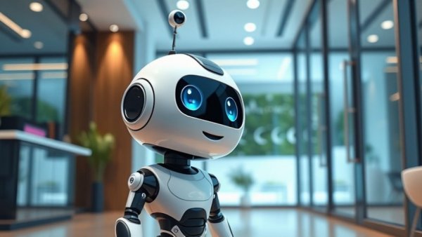 Cartoon robot in smart home, depicting AI decisions.