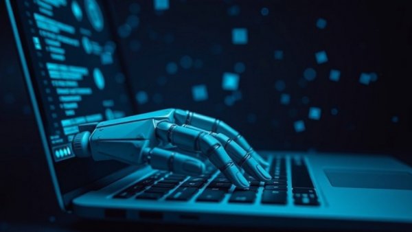 Robotic hand on laptop keyboard with digital AI elements.