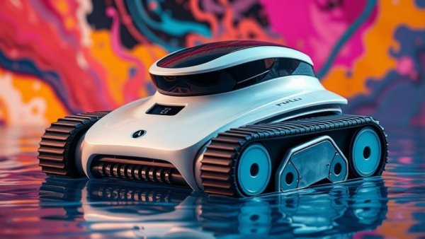 Futuristic robotic pool cleaner on vibrant abstract background