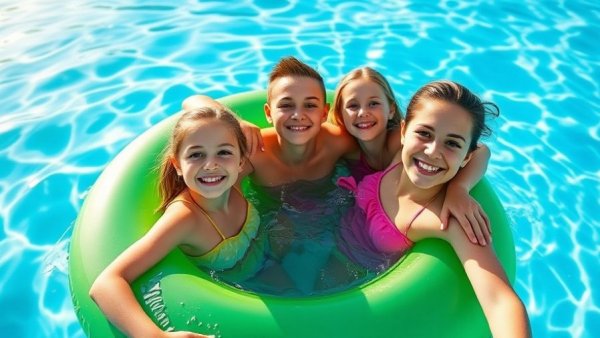 Family-friendly pool area with smiling family on float.