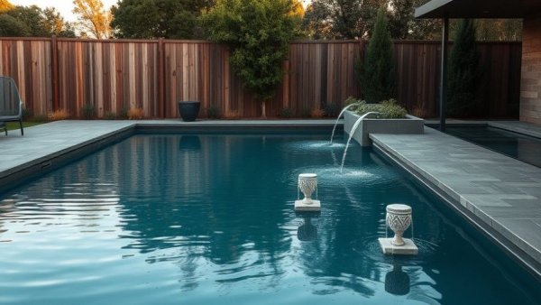 Modern pool with fountains to reduce pool water loss.