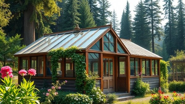 Rustic greenhouse in vibrant outdoor garden surrounded by greenery.