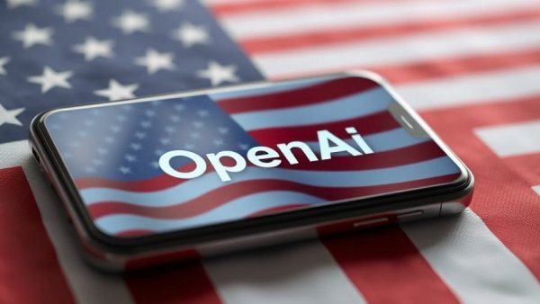 OpenAI logo on smartphone with U.S. flag background
