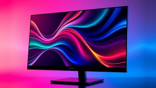 Asus ROG Swift OLED monitor with RGB colors in a colorful background.