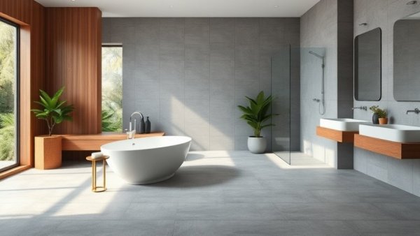 Modern bathroom with anti-slip floor tiles for safety and style.
