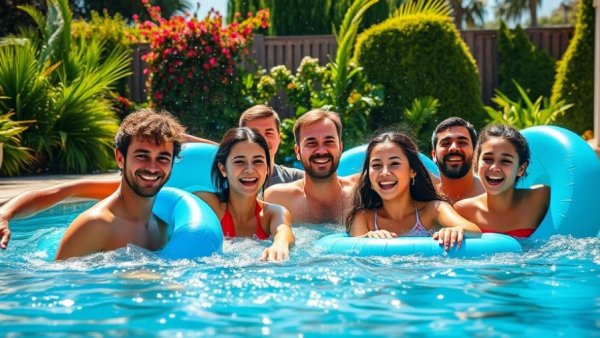 Themed Pool Parties with friends and colorful inflatables in a sunny backyard setting.