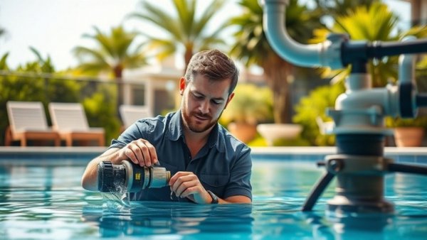 Man inspecting pool for leaks on a sunny day.