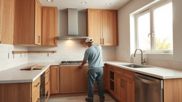 Kitchen cabinet refacing process in progress.