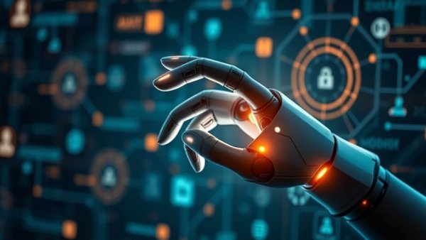 Futuristic robotic hand and AI digital interface for software development.