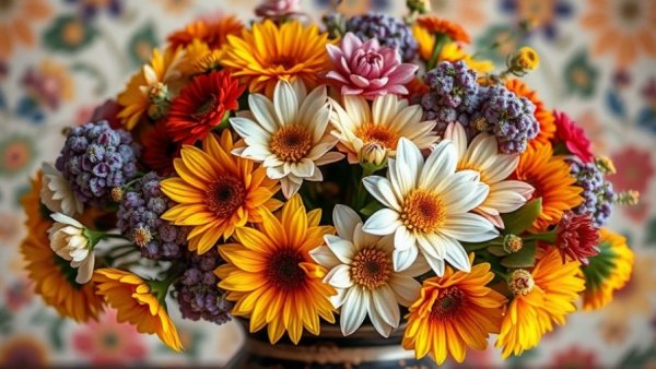 Multicolored fall flowers in rustic vase, specialty bulbs