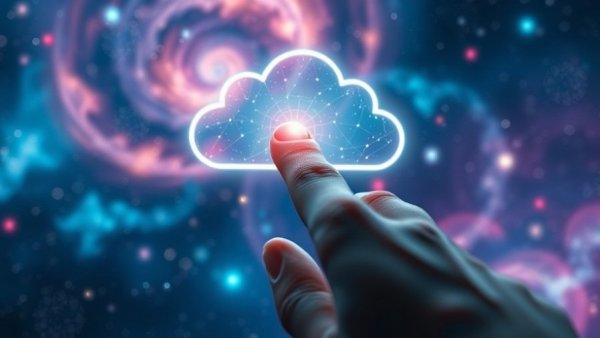 Futuristic finger interacting with cloud icon in a cosmic space scene, AI Development Infrastructure concept.