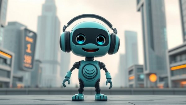 Futuristic teal robot with headphones in a stylized environment, Galaxy Buds 3 release.