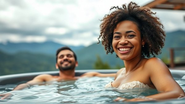Young couple enjoying spa, scenic mountain view, spa cover buying guide.