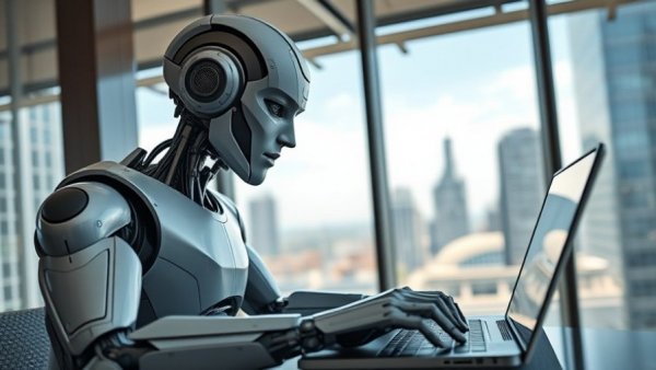 Futuristic robot using laptop demonstrating AI-Powered Decision-Making Technology.