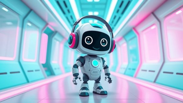 Cartoon robot exploring a digital hallway