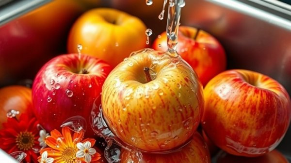 Washing fruits and vegetables: apples rinsed in sink