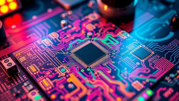 Intricate silicon wafer with circuit patterns in a tech lab setup.