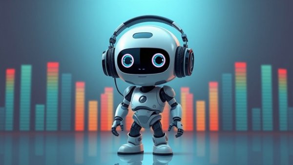 Cartoon robot with sound waves, voice controls for Spotify.